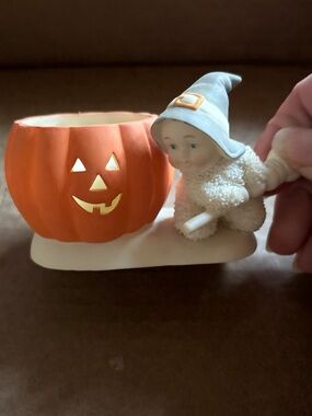 Vtg retired dept 56 Snowbabies Halloween friend witch & pumpkin tea light holder